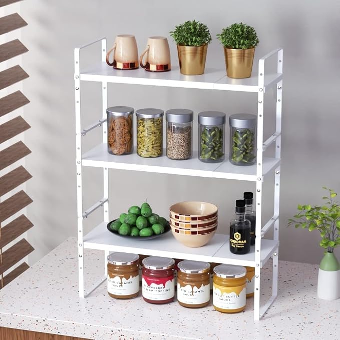 Jojocross Expandable Stackable Spice Rack Cabinet Shelf Organizer in Cabinets Shelves Kitchen Cupboard Organization Stack up Racks Pantry Countertop Storage Medium/White 3 Packs - Image 2