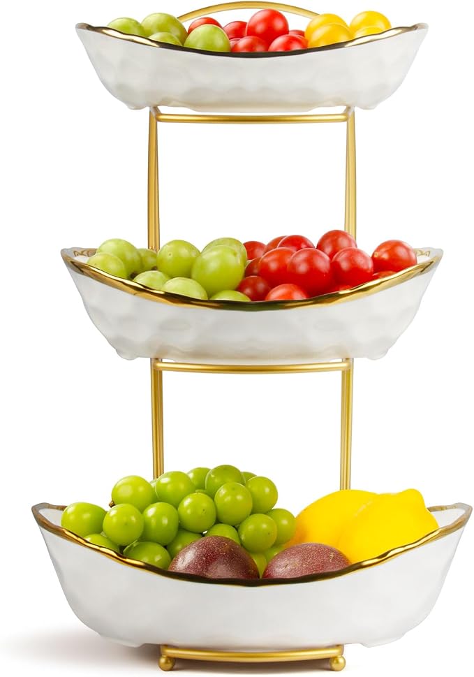 3 Tier Fruit Bowl for Kitchen Counter, Ceramic Fruit Basket with Metal Stand, Tiered Fruit Bowl for Counter Serving Stand for Fruit Vegetable Storage, Snack, Nuts, Cake, Dessert by SZSJA