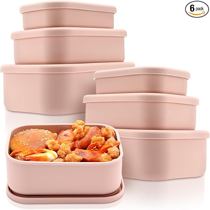 2 Sets of 6 Silicone Food Storage Containers, Reusable Lunch Bento Box with Lid, Hard Shell Storage Containers, Microwave Dishwasher Freezer Safe, 10 oz, 23.6 oz, 44 Ounce(Pink) by Blushtier