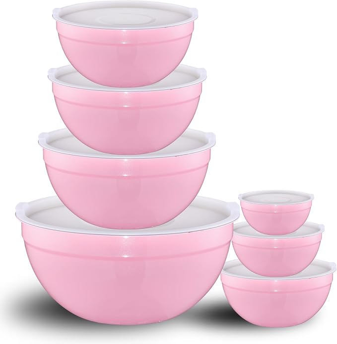 Pink Mixing Bowls with Lids Set of 7, Stainless Steel Nesting Bowl with Khaki Lid for Non-slip Mixing Prepping Storing Serving, 7 Sizes-7/3.6/2.7/2.1/1.5/1/0.8 QT by LKTDYMEG