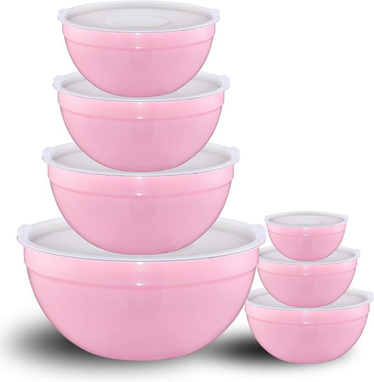 Pink Mixing Bowls with Lids Set of 7, Stainless Steel Nesting Bowl with Khaki Lid for Non-slip Mixing Prepping Storing Serving, 7 Sizes-7/3.6/2.7/2.1/1.5/1/0.8 QT by LKTDYMEG