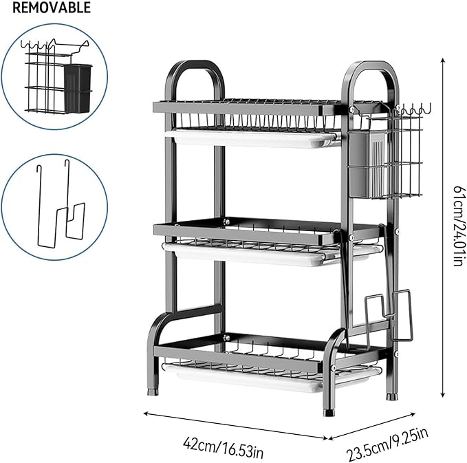 KUK 3 Tier Dish Drying Rack, Stainless Steel Over The Sink Dish with Drain Tray, Kitchen Dishes Drying Racks, Dish Racks for Kitchen Counter Storage (Black) - Image 9