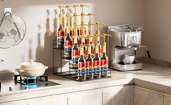 kimilus 16 Bottle Capacity Coffee Syrup Organizer 4 Tier Coffee Syrup Stand Shelf for Coffee Bar Kitchen Small Wine Rack for Bar Family Storage for Syrup Wine Dressing - Image 5