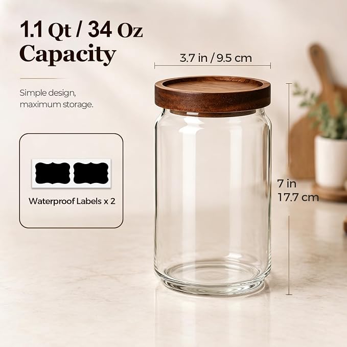 ComSaf Glass Jar with Acacia Wood Lid 34oz 1Pack, Food Storage Container | 1.1Qt Canister, Oats Coffee Sugar Pasta Candy Cookies Nut, Kitchen Pantry, Decorative, Countertop Display, Food-Grade, Label - Image 6