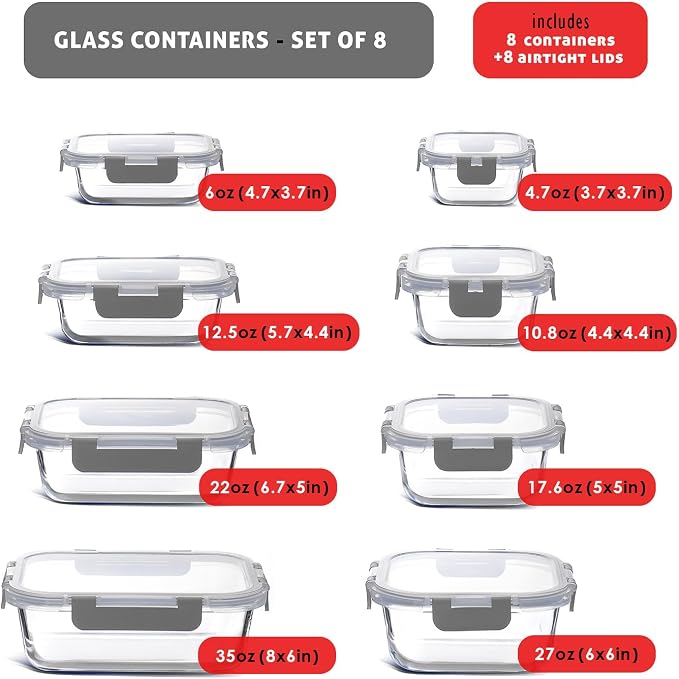 EATEX 16pc Glass Storage Containers with Lids, 8 Glass Food Storage Containers with 8 Airtight Lids for Pantry & Kitchen, Meal Prep Containers for Lunch, Oven Freezer Microwave & Dishwasher Safe - Image 2