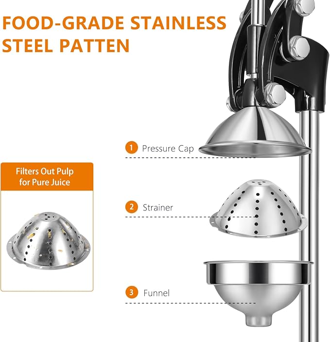 TONGCHANT Cast Iron Manual Juicer, Dual Pattern & 19" Tall | Heavy Duty Orange Juicer Squeezer for Lemon Lime & Pomegranate, Citrus Press, Stainless Steel Cup, Easy to Clean, Black - Image 3
