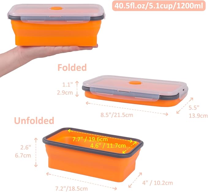 Collapsible Food Storage Containers with Airtight Lid & Vent, 40.5 oz, Kitchen Stacking Silicone Collapsible Meal Prep Container Set for Leftover, Microwave Freezer Dishwasher Safe, Orange, Set of 4 - Image 5