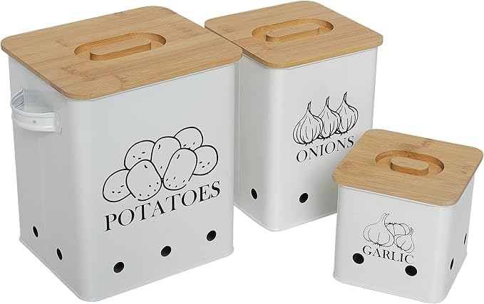 Kitchen Canisters Set, Storage Bin for Potato Onion & Garlic, 3 Pack Set Countertop Pots Containers with Wooden Lid - Potato Storage, Garlic Bin, Onion Keeper Tin with Aerating Holes-White by Gdfjiy