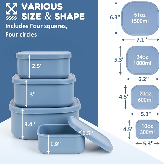 8PCS Silicone Food Storage Containers with Lids,10oz to 51oz,Reusable Leakproof Nesting & Stackable Bento Lunch Box,Microwave Freezer Dishwasher Oven Safe Meal Prep Containers,BPA Free, Slate Blue - Image 6