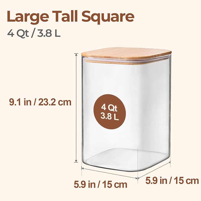 ComSaf Flour Sugar Storage Containers 4 Qt, Set of 2 Glass Flour Container | 1 Gallon Large Glass Storage Containers, 15cm Extra Wide Mouth Canisters, Easy Clean and Scoop, 4.4lb Flour Jar, BPA Free - Image 2