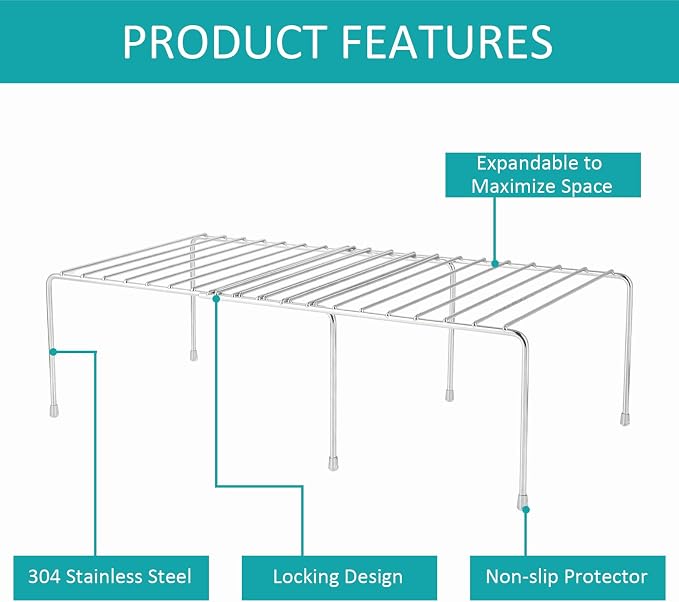 Expandable Cabinet Shelf Rack, Stainless Steel Adjustable Kitchen Countertop Shelves Risers, Kitchen Shelf Rack For Pantry, Garage, Desktop, Refrigerator, Bathroom Organization And Storage - Image 3