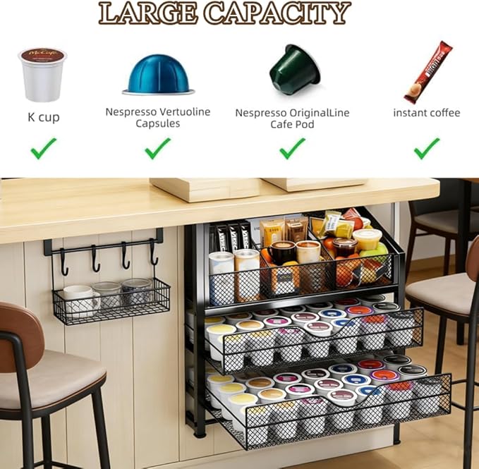 Coffee Bar Organizer - 2-Tier K-Cup & Coffee Pod Holder Stand with Dividers - Storage for Coffee Pods, K Cups, Syrup Bottles, Mugs, Creamer, Stirrers, Sugar Packets, Tea Bags - Image 4