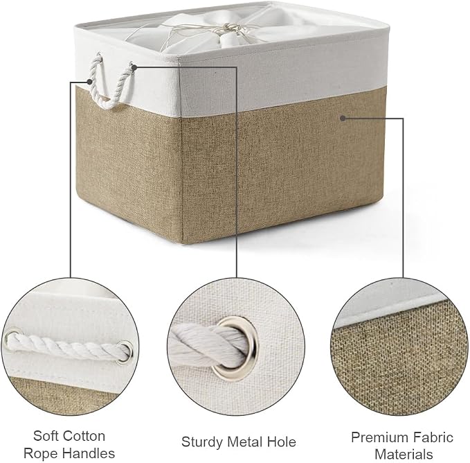 Organization Basket - 20x16x14 inch Jumbo 3 Pack Collapsible Storage Bins for Shelves, Fabric Storage Cubes for Closet Organizer Gift Toy (White & Khaki) - Image 6