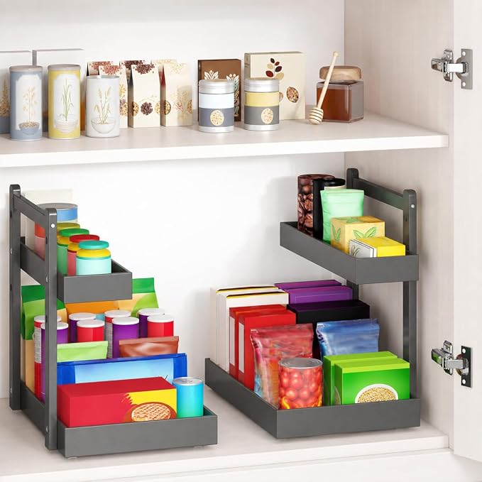 Bamboo Under Sink Organizer, 2-Tier Pull Out Cabinet Organizer | Kitchen Sink Organizer | Bathroom Cabinet Organizer | Cleaning Supply Storage | L-Shape | 3-Level Adjustable | Natural Bamboo - Image 3