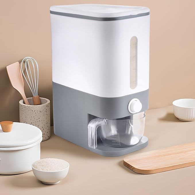 Rubtlamp 22.5-25 Lbs Gray Rice Dispenser, Rice Container with Lid, Rice Storage Container with Measuring Cup, Food Dispenser Rice Container, Storage Container for Cereal, Household Rice Bucket - Image 3