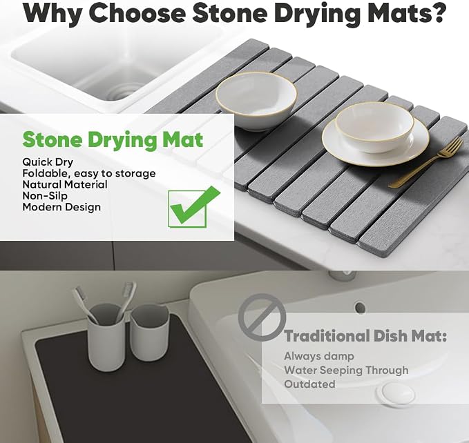 Stone Drying Mat for Kitchen Counter, Quick Diatomaceous Earth Mats for Dishes, 24"L x 16" W Super Absorbent Fast-Drying Collapsible Countertop Stone Mat (Light Grey, 24" x 16") - Image 4
