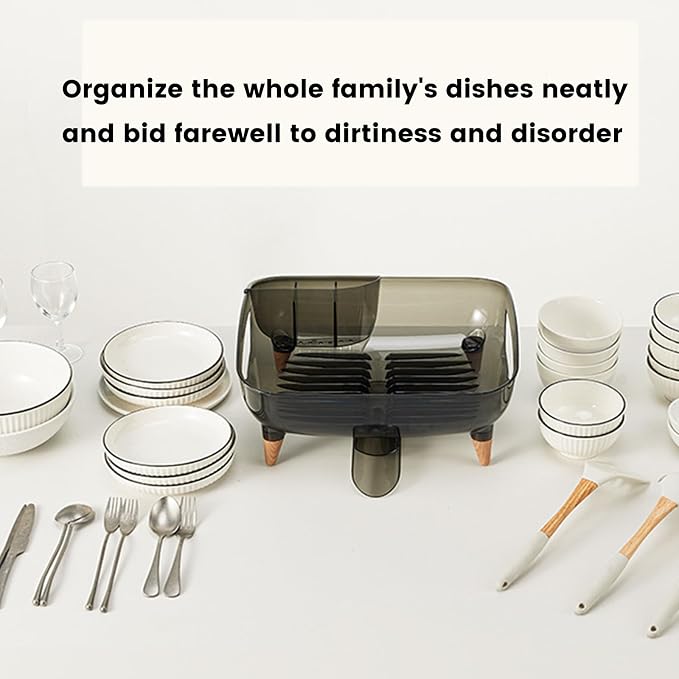 Dish Rack, Dish Drying Rack for Kitchen Counter, Dish Drainer with Drainboard Set and Utensil Holder, Sink Drying Dish Strainer Rack (Transparent Black) - Image 4
