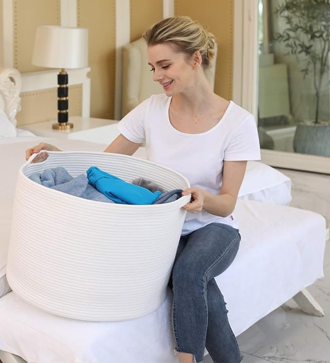 20x15 Inch Extra Large Round Cotton Rope Storage Basket with Lid, Decorative Woven Bin with Cover for Living Room Bedroom Closet, White - Image 8