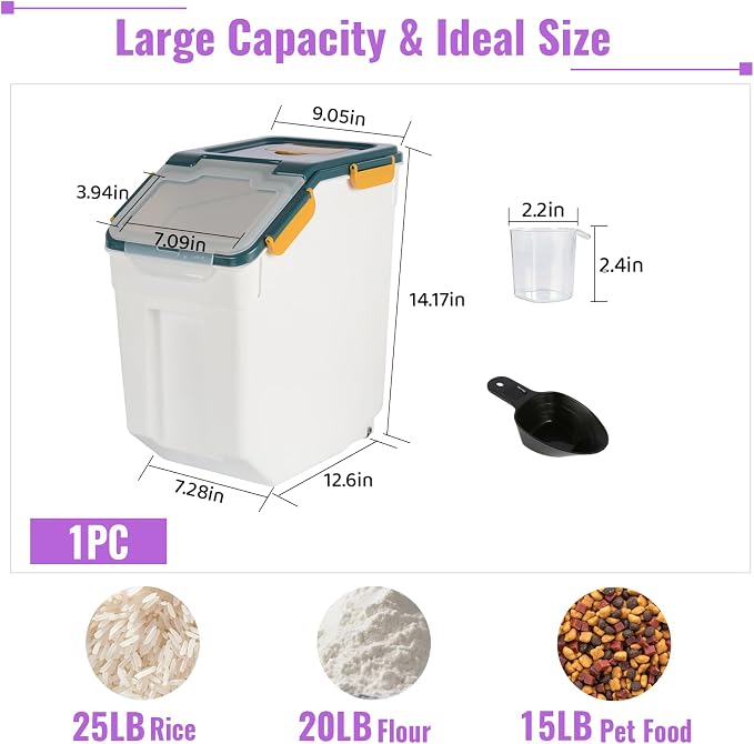 Rice Container 25 lbs Large Bulk Flour Sugar Storage Holdhouse Plastic Grain Cereal Dry Goods Bin with Spoon and Measuring Cup for Kitchen Pantry Organization - Blue - Image 2