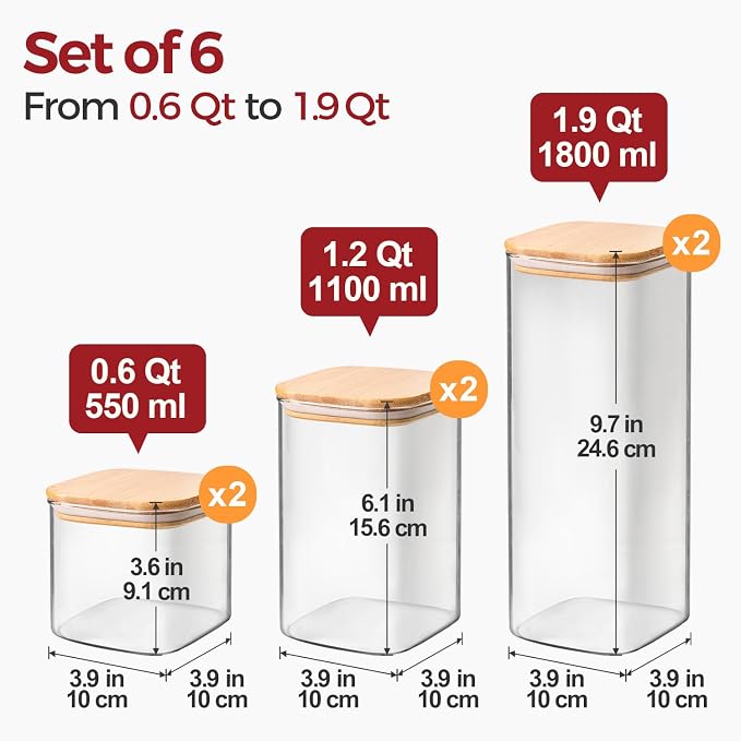 Glass Pantry Storage Containers with Lids 0.6/1.2/1.9 Qt 6 Pack | Pantry Organization, Square Stackable Design, Flour Sugar Coffee Beans Pasta Cereal Dry Food Storage,Kitchen Organizer - Image 2