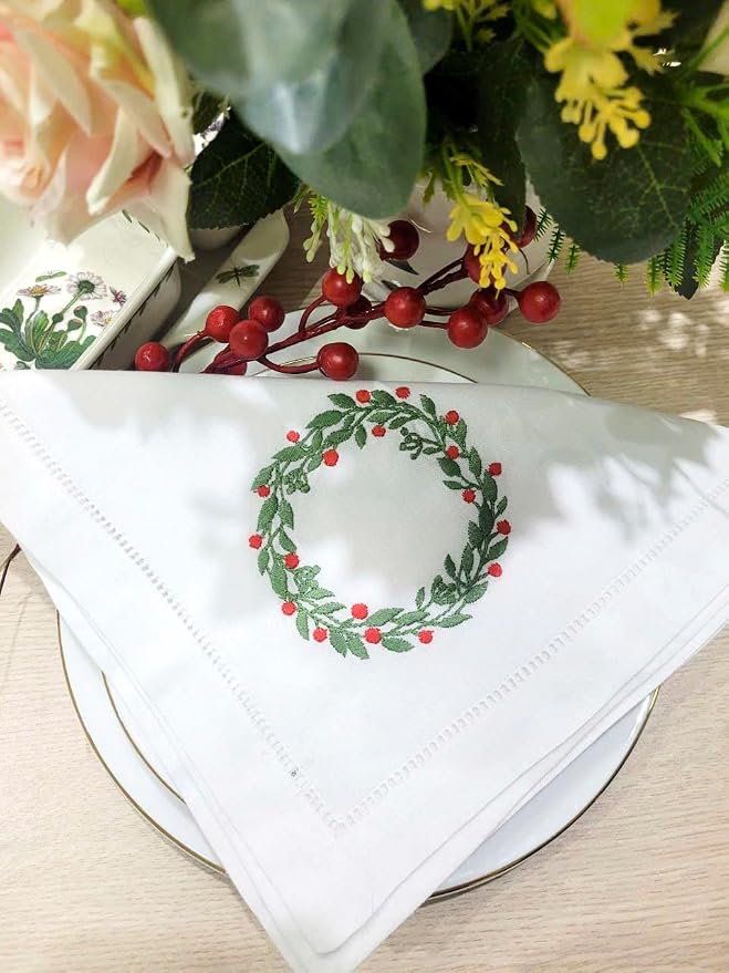 Embroidered Cotton Napkins Christmas 20x20 (Holly Wreath Christmas) - Image 3