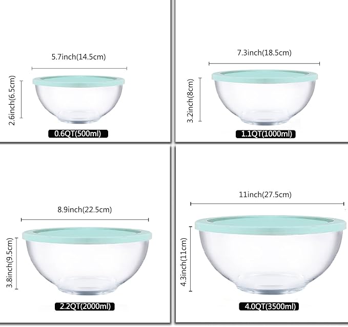 Glass Mixing Bowl Set with Airtight Lids for Kitchen Baking Prepping, Serving, Cooking 0.6QT, 1.1QT, 2.2QT, 4QT Salad Bowl Set with Lids, Dishwasher and Microwavable Safe - Image 5