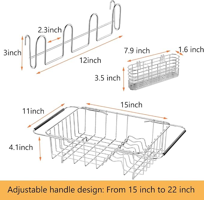 NiuYichee Stainless Steel Dish Drying Rack(15" L X 11" W X 4.1" H), Expandable Drain Rack Over Sink, Dish Drainer Rack in Sink, with Stainless Steel Utensil Holder & 4 Hooks Cup Hanger - Image 4