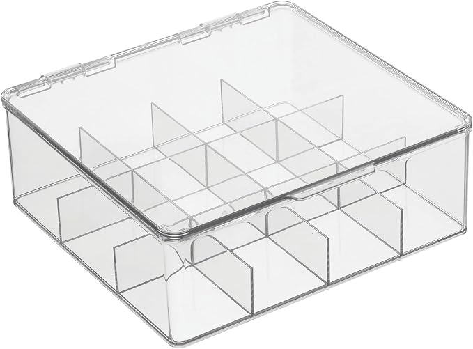 mDesign Plastic Kitchen Organiser — Practical Storage Box with 12 Compartments and Hinged Lid — Pantry Storage Box with Lid for Tea, Coffee, Spices and Other Foodstuffs — Clear - Image 8