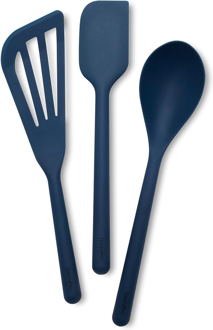 GreenPan Silicone 3 Piece Cooking Utensil Set, Fish Turner, Mixing Spatula, Solid Spoon, Flexible Nonstick Kitchen Tools Rigid Steel Core, Heat-Resistant Anti-Slip Handle BPA-Free Dishwasher Safe Blue by GreenPan