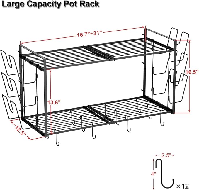 31 Inch Pot Rack Wall Mounted, 2-Tier Hanging Pots and Pans Organizer Expandable Heavy Duty Kitchen Shelves with 6 Pot Lid Holders and 12 Hooks for Kitchen Cookware Utensils Storage - Image 5