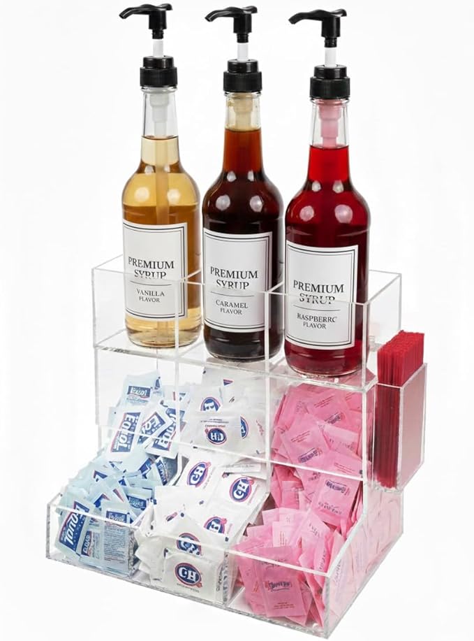 Acrylic Coffee Station & Condiment Organizer – Modular Detachable Top Tier – 6 Compartments for Sugar Packets, Creamers, Syrups, Hot Cups, Tea & Stirrers – Breakroom Caddy (Transparent) - Image 4