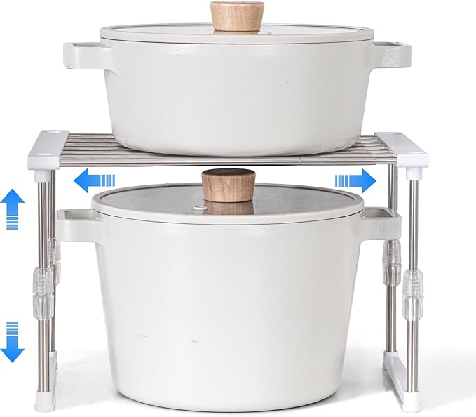 Set of 1 Expandable Cabinet Organizer 11.8~19.6 x 7.8 x 6~9 White | Width & Height-adjustable Kitchen Cabinet Organizer Shelf, Stackable Kitchen Counter Shelf by Carrotez