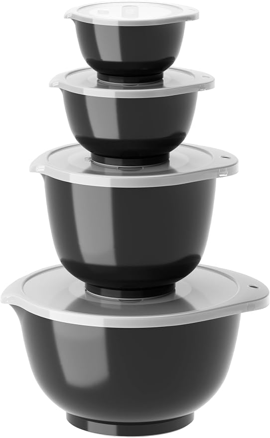 Rosti Margrethe Set of 4 Plastic Mixing Bowls - 4 Lids Included - Airtight Salad Bowls - Airtight Salad Bowls - 0.25 Litre, 0.5 Liter, 1.5 Litre and 3 Litre, Carbon Black by Rosti