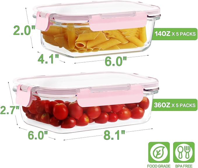 10 Pack Borosilicate Glass Meal Prep Containers with Locking Lids, Glass Food Storage Containers Set, Airtight Lunch Bento Boxes, BPA-Free & Leak Proof, 36oz & 14oz, Freezer, Oven Safe-Pink - Image 3