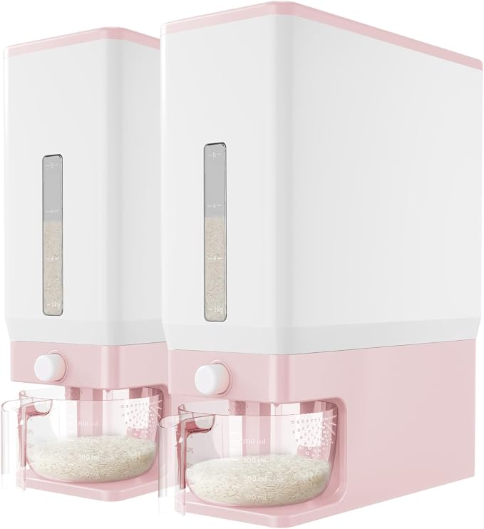 Lifewit Rice Dispenser 25 Lbs, Airtight Storage with Cup, 2 Pack Pink | BPA-Free 11.3kg Capacity Storage Container for Beans, Corn & Other Small Grains, One-Press Dispensing Bin for Kitchen Pantry by Lifewit
