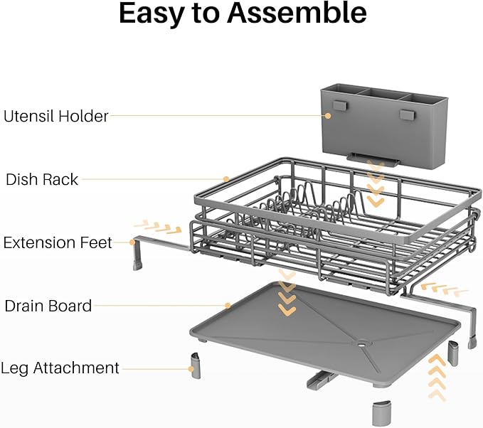 SNTD Expandable Dish Drying Rack for Kitchen Counter, Stainless Steel, Grey | Foldable Over Sink, Large Capacity, Adjust to Fit Most Sinks, Angled Drainboard, Removable Utensil Holder, Slip Resistant - Image 8