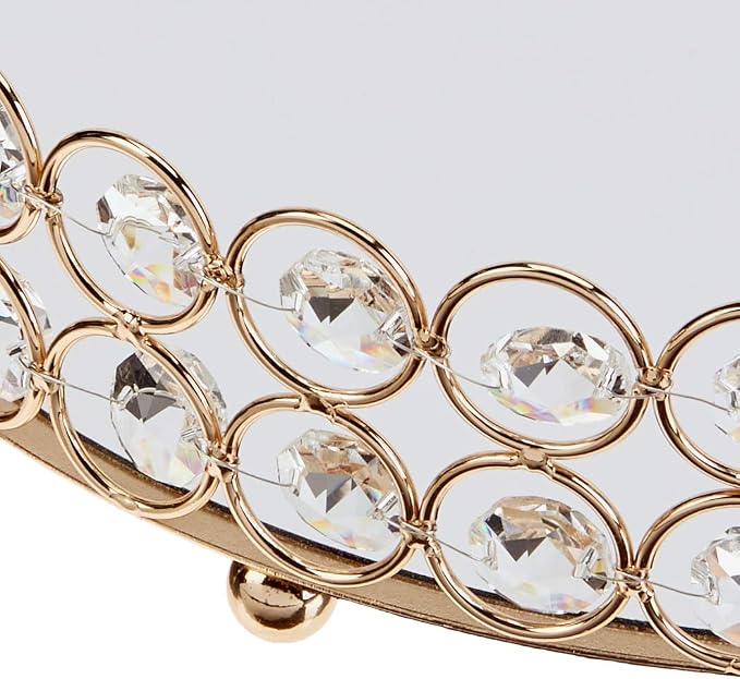 Crystal Decorative Tray Metal Mirrored Perfume Cosmetic Organizer Jewelry Trinket Display Storage Vanity Trays Home Décor Accents Luxury Gift (Round, 10in, Gold) - Image 8