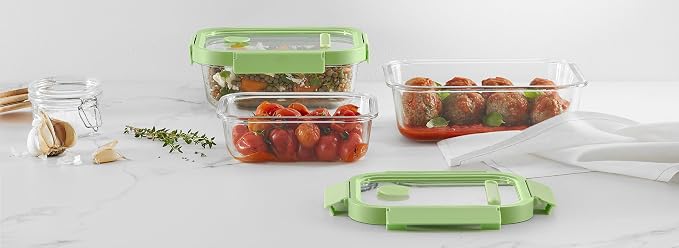 Lékué x3 Rectangular Glass Food Containers with Airtight Lids & Steam Valves - 3pc Set - Borosilicate Glass & 100% Platinum Silicone Dishes for Storage & Cooking - Microwave, Freezer & Dishwasher Safe - Image 4