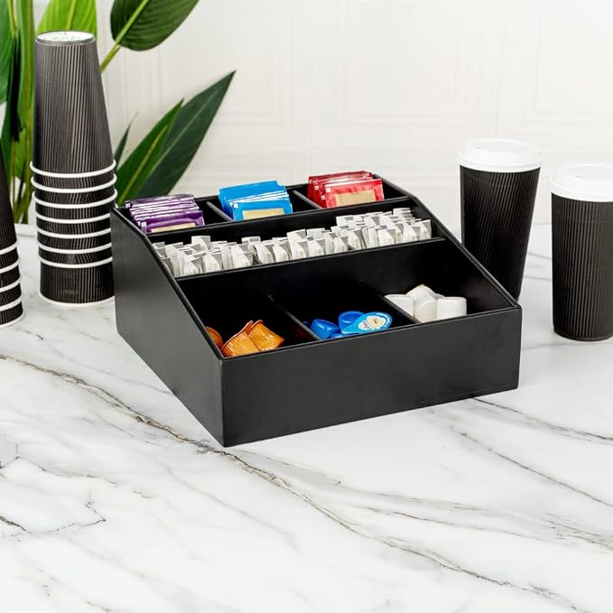 Restaurantware-11.75 x 5.5 Inch Coffee Condiment Organizer, 1 Square Creamer Organizer - 9 Compartments, Break-Resistant, Black Bamboo Coffee Accessory Caddy, Won't Chip, For Sugar Packets & Creamers - Image 6