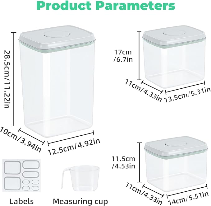 3 Pack Pasta Sugar Storage Containers with Pop-up Lid 1.26 + 2.11 + 3.48 Qt | Airtight Food Storage Container for Flour, Rice, Spaghetti, Nuts, Snack, Candy, Dog Treat, Kitchen Pantry Organization - Image 3
