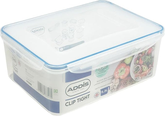Addis Clip Tight Food Storage Container Large 5.3 Litre Rectangle Airtight Silicone Seal Containers Bpa Free Easy Locking Lid Clips, Clear Transparent by Addis