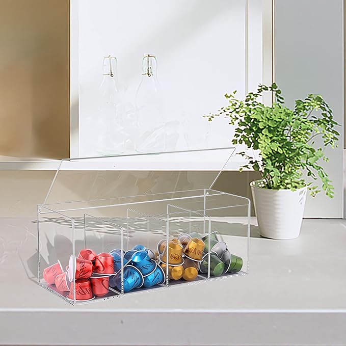 Coffee Pod Holder, Organizer for K Cup, Storage for Coffee Station Counter, Compatible with Nespresso Capsule& Keurig Pods, Coffee Bar Accessories, Acrylic 4 Compartment with Lid - Clear - Image 4