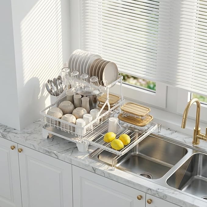 Large Expandable 2 Tier Dish Drying Rack - Over Sink & Counter Use | Extendable Drying Space, Auto-Drain Spout, Stable Screw-Fixed Frame, Cup & Utensil Holder, Rust-Resistant Kitchen Rack, White - Image 9