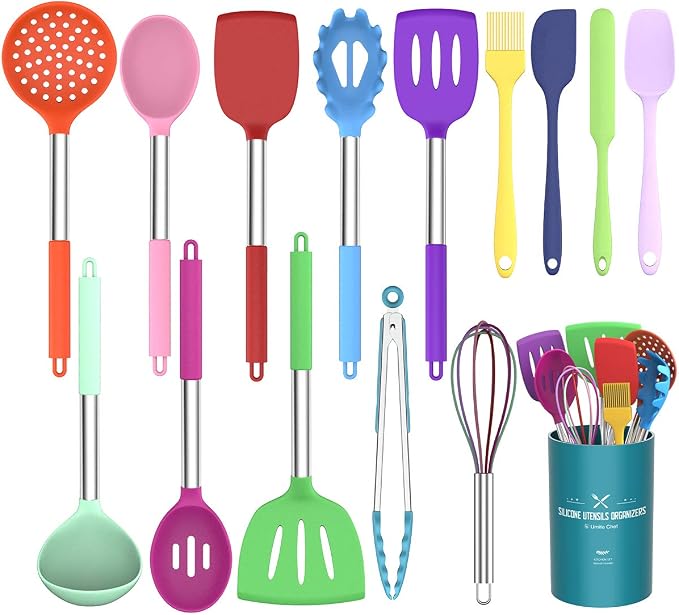 Umite Chef Kitchen Utensils Set, 15 pcs Silicone Cooking Kitchen Utensils Set, Non-stick Silicone Stainless Steel Handle Turner Spatula Spoon Tongs Whisk Cookware - Colorful by UmiteChef