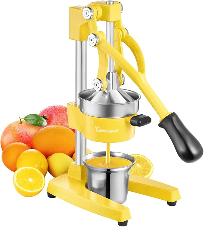 TONGCHANT Cast Iron Manual Juicer for Orange Lemon Lime Pomegranate &Citrus | Heavy Duty Orange Juicer Squeezer, Hand Press Juicer, Citrus Press, Stainless Steel Cup, Easy to Clean, Yellow by TONGCHANT