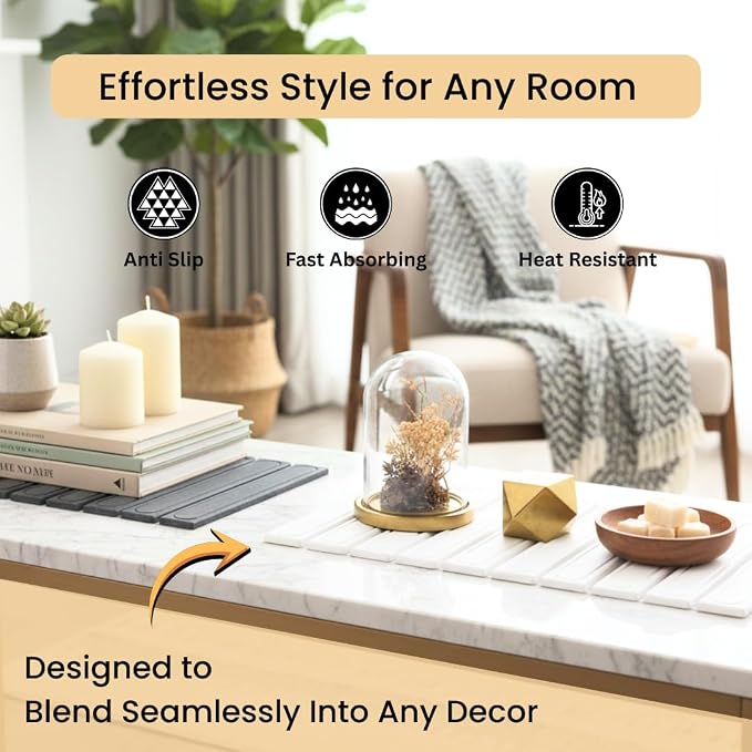 2-In-1 Stone Dish Drying Mat Set For Kitchen Counter. New Collapsiable Space Saving Diatomaceous Earth Stone Dish Mat 23.6"(L)x15.3"(W) + Faucet Protector 23.6"(L)x4(W)- Ultra Absorbent Non-Slip-White - Image 3