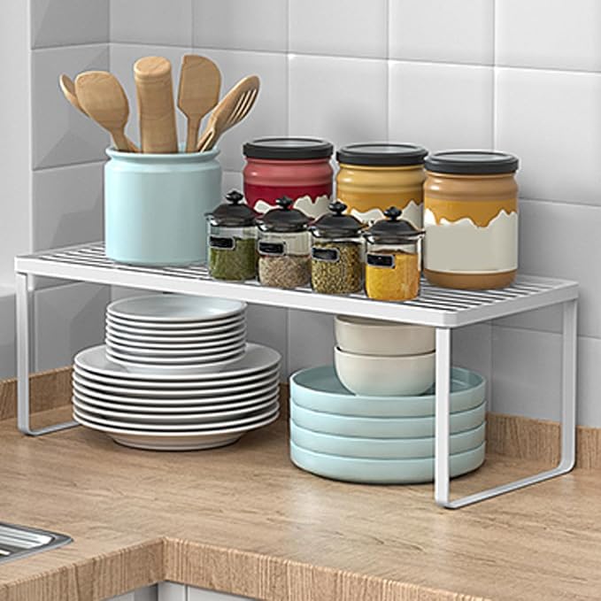 Kitchen Cabinet Storage Shelf Stackable Wire Spice Rack Organizer Heavy Duty Space Saver for Bathroom Bedroom Closet Laundry Room Office Countertop - White, Pack 1 - Image 3