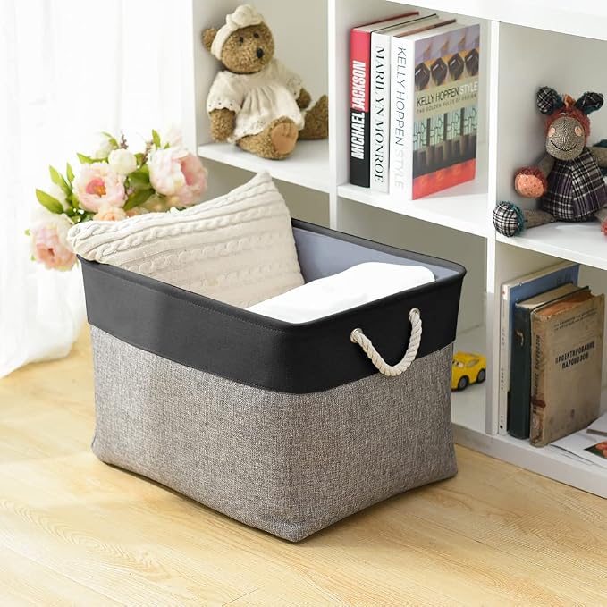 Organization and Storage Basket for Shelves - 20x16x14 inch Jumbo 3 Pack Collapsible Storage Bins for Organizing, Fabric Storage Cubes for Organizer Gift Toy Closet (Black & Grey) - Image 4