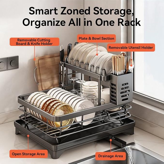 2-Tier 304 Stainless Steel Dish Drying Rack for Kitchen Counter, Gray | Dish rack separates plates, bowls, cups and utensils, while side drainage directs water toward the sink. - Image 5
