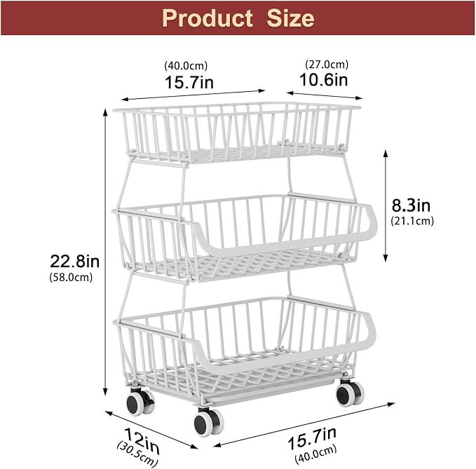 3-Tier Rolling Pantry Cart with Wheels, Stackable Wire Storage Floor Organizer for Kitchen Pantry Snack Shelves, Fruit Basket Stand, Vegetable Storage Rack for Food Snacks Onion Potato, White - Image 2